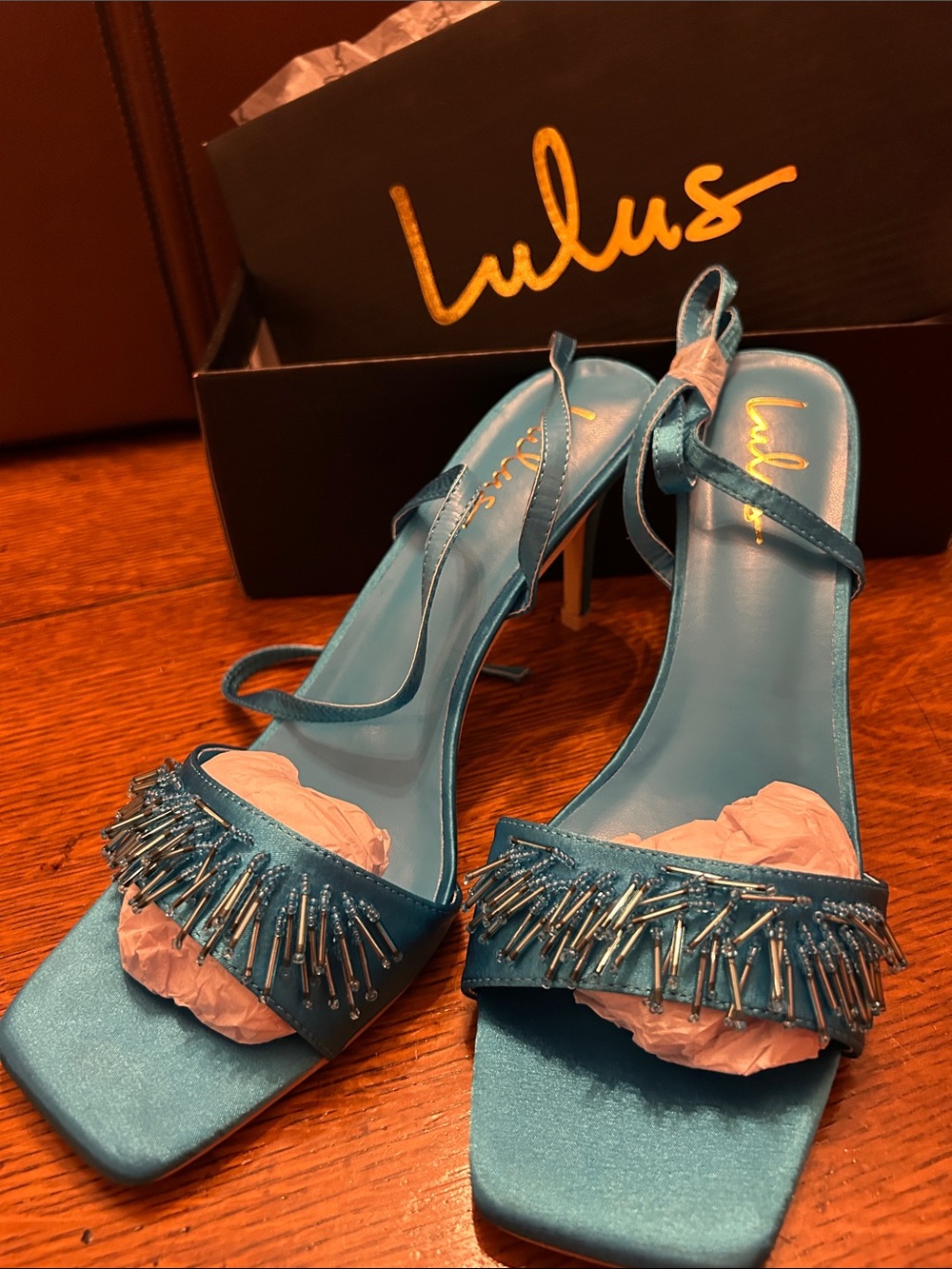 Lulu's Teal Satin Beaded Fringe High Heel Sandals